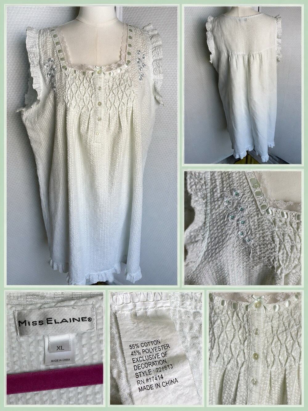 MISS ELAINE Nightgown XL Floral Lace Lettuce Cap Sleeve White Mint Green